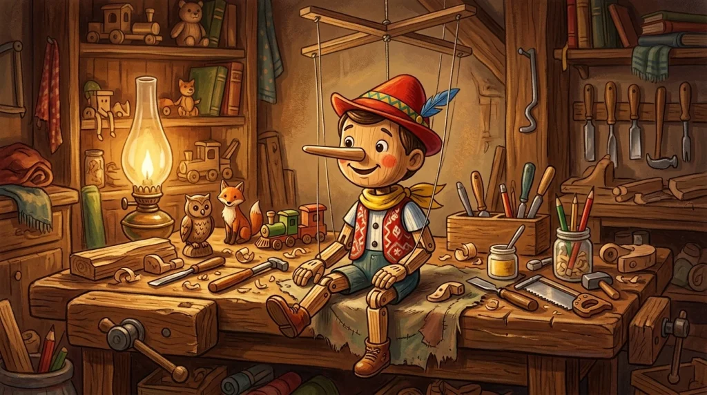 Pinokkió Mese: Fából Faragott Fiú Története 6 Fából faragott kis Pinokkió fabábu Geppetto asztalosműhelyében a munkapadon