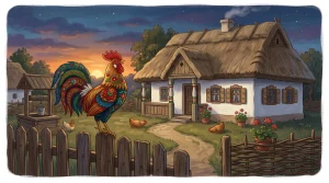 Blog 1 Nádfedeles házikó kerítésén ülő bátor kiskakas a magyar népmese udvarán