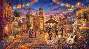 Miguel zenei utazása a mexikói várostéren gitárral