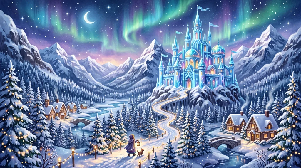 Arendelle havas hegyei felett magasodó varázslatos jégpalota a csillagos éjszakában