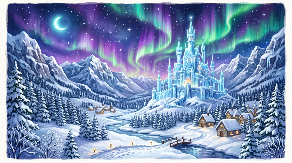 Arendelle havas völgyében magasodó varázslatos jégpalota a ragyogó északi fény alatt