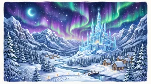Arendelle havas völgyében magasodó varázslatos jégpalota a ragyogó északi fény alatt